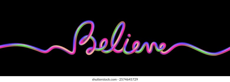 Vibrant monoline art features the word believe in a flowing rainbow design on a deep black background, evoking positivity and creativity. Ideal for inspirational themes and artwork.