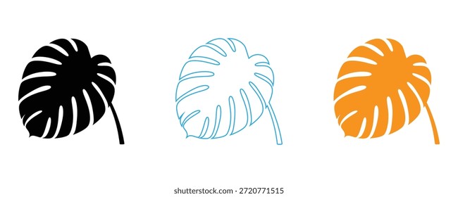Vibrant monstera leaf illustrations in black, blue, and orange hues