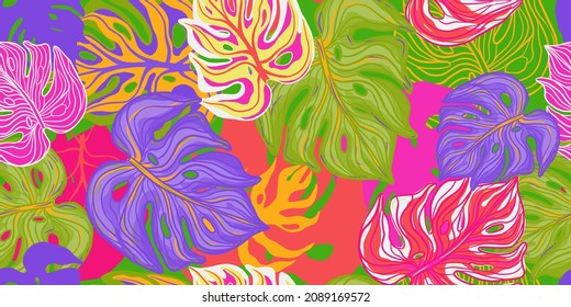 Die lebendige Monstera hinterlässt ein nahtloses Muster. saurer tropischer Hintergrund. Neonfolienhintergrund. Tropisches Blatt. Trendy tropische endlose Tapete. Design für Gewebe, Stoffdruck, Oberfläche, Umhüllung, Deckel