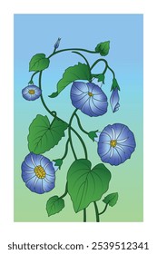 Vibrant Morning Glory Flower Print, Colorful Floral Art with Green Leaves, Trendy Floral Posters, Hand drawn Botanical Illustration for Decor