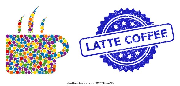 Vibrant mosaic aroma cup, and Latte Coffee textured rosette stamp seal. Blue stamp seal contains Latte Coffee text inside rosette.