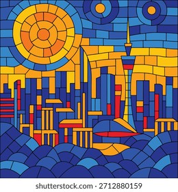 A vibrant mosaic cityscape featuring a sun geometric buildings in bold blue, yellow, and orange colors. Modern abstract urban illustration with stained-glass style shapes and dynamic composition.