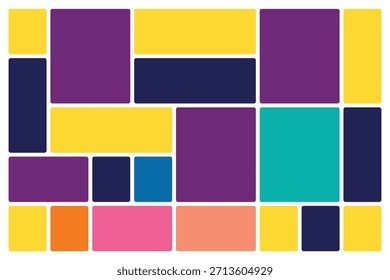 A vibrant mosaic of colorful rectangles and squares with rounded corners on a white background. Scalable vector format suitable for print and digital media.