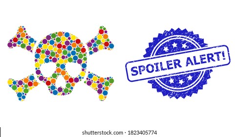 Vibrant mosaic death skull, and Spoiler Alert! dirty rosette stamp. Blue stamp seal includes Spoiler Alert! text inside rosette. Vector circle spots are arranged into abstract mosaic death skull icon.