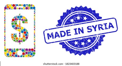 Vibrant mosaic mobile dollar bank, and Made in Syria scratched rosette stamp seal. Blue stamp seal has Made in Syria tag inside rosette.