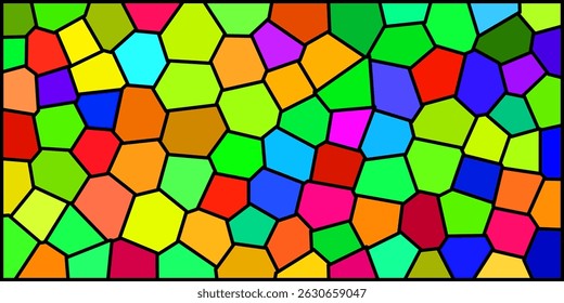 A vibrant mosaic of multicolored polygonal shapes outlined in black, resembling stained glass or a digital geometric pattern full of energy and contrast.

