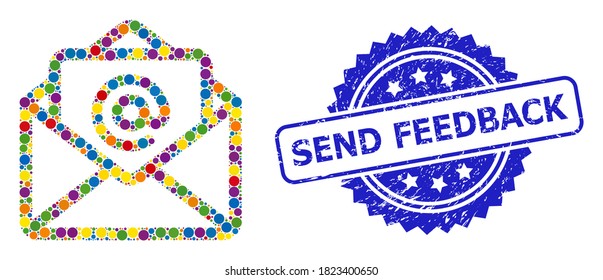Vibrant mosaic open email, and Send Feedback corroded rosette stamp seal. Blue stamp seal includes Send Feedback caption inside rosette.