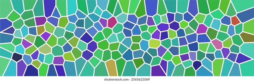 Vibrant mosaic pattern with irregular geometric shapes in shades of green, blue, and purple, creating a colorful and artistic stained-glass effect.