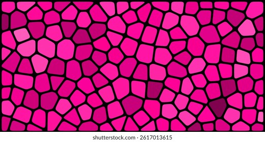 Vibrant mosaic pattern with irregular pink and magenta tiles outlined in black, creating a dynamic stained-glass effect perfect for backgrounds or design elements.

