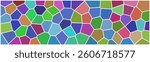 A vibrant mosaic pattern with irregular polygonal shapes in various colors, including blue, green, purple, and brown, separated by white borders.

