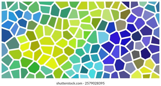 A vibrant mosaic pattern with irregular polygonal shapes in shades of blue, green, and yellow, outlined in white. The colors blend seamlessly, creating a dynamic abstract stained-glass effect.