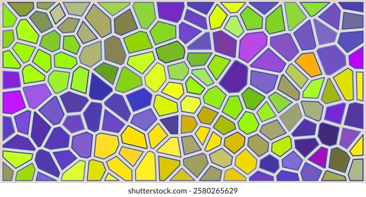 A vibrant mosaic pattern with irregular polygonal shapes in shades of yellow, green, purple, and blue, creating a stained-glass effect with a modern abstract design.