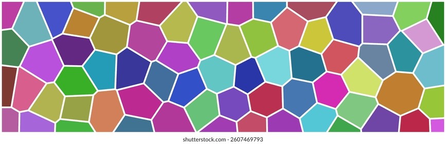 A vibrant mosaic pattern with irregular polygonal shapes in various bright colors, creating a stained-glass effect.

