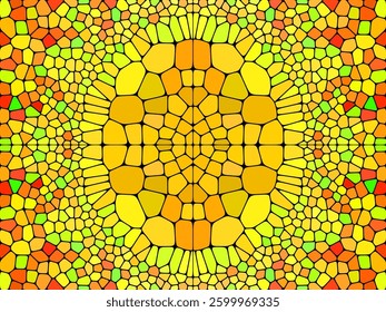 A vibrant mosaic pattern with warm yellow, orange, and green hues, forming a symmetrical, stained-glass-like abstract design.

