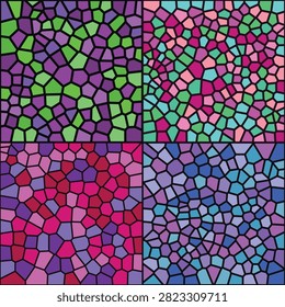 Vibrant mosaic patterns in bold, vivid colors. Black lines separate each colorful tile. Geometric shapes form abstract, eye-catching designs. Mosaics evoke energy and creativity