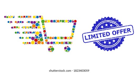 Vibrant mosaic shopping cart, and Limited Offer dirty rosette stamp. Blue stamp seal includes Limited Offer text inside rosette.