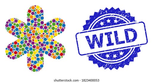 Lebhafte Mosaike, einfache Schneeflocke und wilde Grunge-Rosette-Stempel. Die blaue Stempeldichtung enthält Wild-Tag in Rosette. Vektorkreiszeichen sind in abstraktes Mosaik-Symbol mit einfacher Schneeflocke eingeteilt.