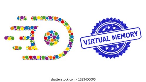 Vibrant mosaic speed core, and Virtual Memory scratched rosette stamp seal. Blue stamp seal has Virtual Memory title inside rosette.