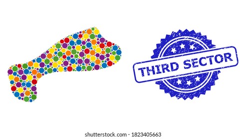 Vibrant mosaic spot, and Third Sector grunge rosette seal print. Blue stamp seal contains Third Sector title inside rosette. Vector spheric parts are organized into abstract mosaic spot icon.