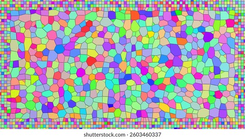A vibrant mosaic wall with polygonal elements surrounded by a frame of small squares. The stained glass style with rich colors creates a dynamic pattern with an abstract art effect.
