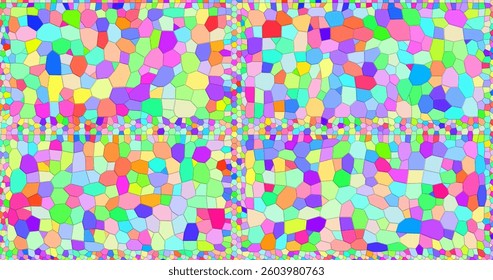 A vibrant mosaic wall with polygonal elements surrounded by a frame of small squares. The stained glass style with rich colors creates a dynamic pattern with an abstract art effect.