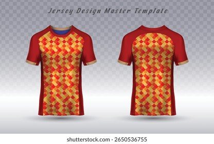 Camiseta de padrão de mosaico vibrante com enquadramento vermelho, perfeito para uniformes de equipe de basquete, kits de esportes e marca atlética de alta visibilidade.