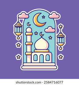 A vibrant mosque illustration with crescent moons, lanterns, and stars, symbolizing the joy and spirituality of Ramadan. Perfect for greeting cards, festive decor, and Islamic-themed designs.