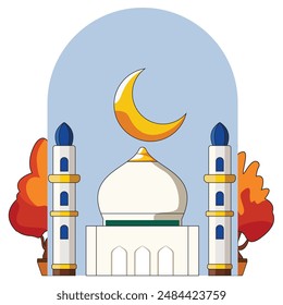 Vibrant mosque illustration with a large crescent moon, white dome, and two blue-topped minarets.