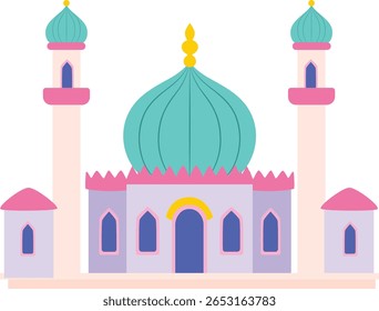 Vibrant mosque with mint green domes and pink accents, stylized to suit Eid, Ramadan, or Islamic cultural themes with festive architectural charm.