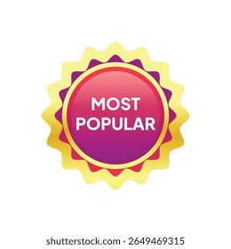 Um vibrante distintivo "Mais Popular", com um gradiente centro vermelho-roxo, acabamento dourado e uma borda em estilo sunburst, irradia com um apelo promocional e atraente.