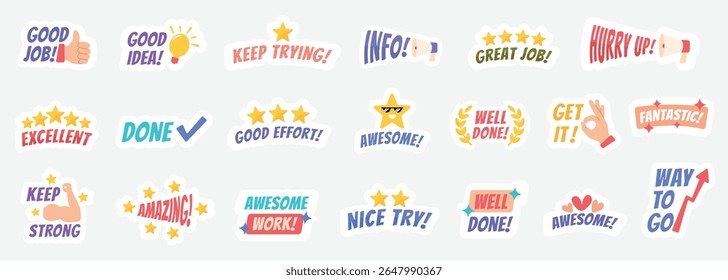 Adesivo motivacional vibrante definido com frases como "Bom Trabalho" e "Bem Feito", com ícones divertidos. Ótimo para planejadores, periódicos, recompensas escolares e designs imprimíveis