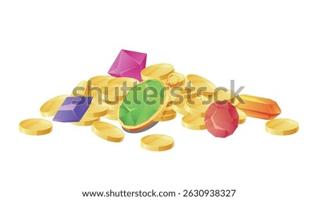 A vibrant mountain of gold coins surrounded by a multitude of glittering gems and jewelry, conveying the charm of hidden treasures from a fantasy realm.