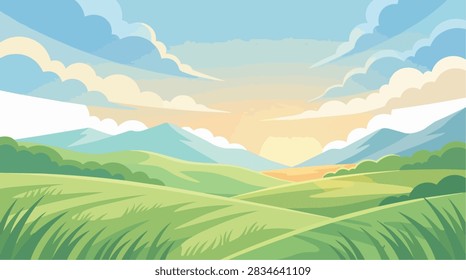 Vibrant Mountain Landscape Featuring Rolling Green Hills Under a Radiant Blue Sky at Dawn