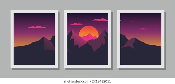 Lebhafte Berglandschaft bei Sonnenuntergang in violetten und orangefarbenen Tönen	