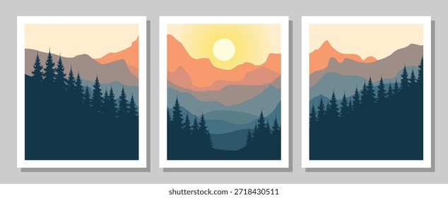 Vibrant mountain landscapes with pine trees at sunrise	
