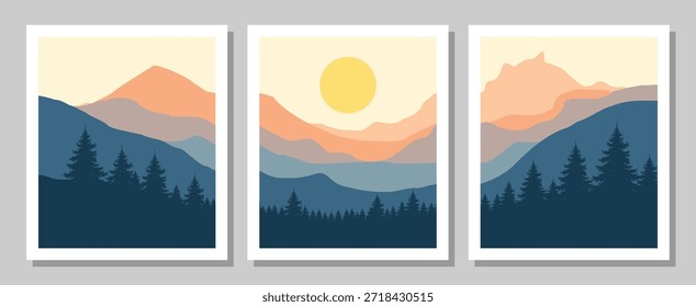 Vibrantes paisajes de montaña con pinos al amanecer	
