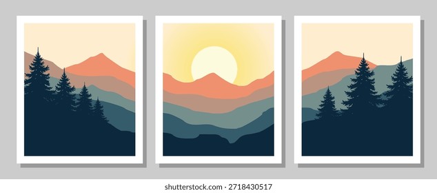 Vibrant mountain landscapes with pine trees at sunrise	
