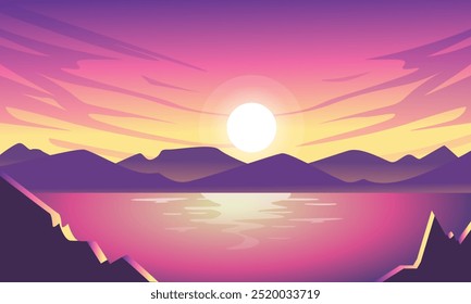 Vibrant Mountain Sunset Over Tranquil Lake - Flat Design Illustration, Colorful Sunset Scene with Mountain Silhouettes and Calm Water Reflection, Abstract Sunset Over Mountains and Lake - Minimalist