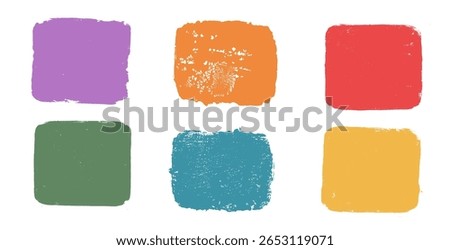 Vibrant multi colors highlights paint grunge urban square swatches set. Messy bright rectangles frames. Linocut rolled paint tag. Vector handmade brayer stamp smudged texture. Rough decorative borders