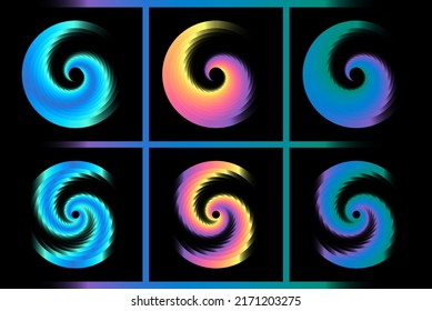 Lebhafte, mehrfarbige, helle, abgerundete Streifen sprühen Spitzkugel Vektorset. Moderner, kreativer, großartiger Swirl auf dunklem Hintergrund. Nahaufnahme mit Platz für Text in der Mitte des Tunnels