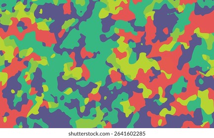 Vibrant multicolor camouflage pattern with red, green, yellow, and purple tones background. Ideal for modern fashion, sportswear, digital art, or bold surface designs with an energetic aesthetic.