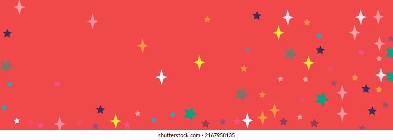 Lebhafte mehrfarbige, haotische Orange Lavender Bright Blue Stars Ornament. White Pastel Vivid Indigo Red Green Violet Stars Sky Tapete. Azurblauer rosafarbener, türkisblauer gelber Hintergrund.