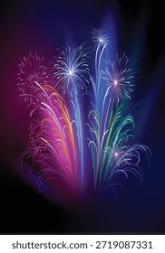 Fogos de artifício multicoloridos vibrantes que se chocam contra um fundo noturno escuro. Conceito de celebração festiva perfeito para o Ano Novo, eventos de férias, festivais e desenhos de festa.