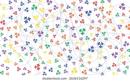 Vibrant Multicolor Floral Pattern with Flowing Lines on White Background, Abstract Floral Arrangement, Festive Colorful Petals, Seamless Botanical Design, Cheerful Flower Illustration