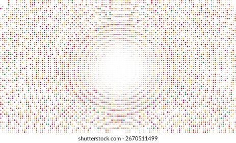 Explosão de meio-tom multicolorido vibrante. Um padrão radial abstrato de pontos coloridos formando um túnel circular concêntrico festivo para um design de fundo de partido digital moderno.