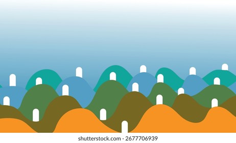 Paisaje de montaña multicolor vibrante con Pequeñas colinas iluminadas por pequeñas luces blancas, fondo de naturaleza escénica de fantasía mágica para carteles, Fondos de pantalla y arte digital"