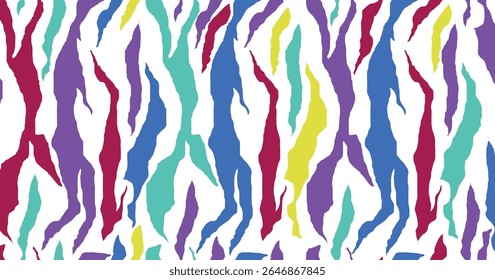 Vibrant multicolor zebra stripe pattern featuring red, teal, purple, blue, and yellow tones, ideal for playful fashion, funky textiles, bold designs, and creative art or  projects.
