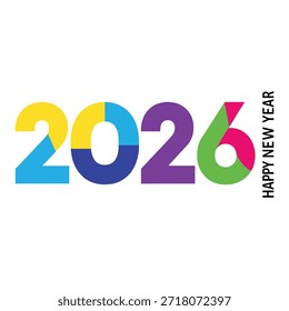 Vibrante texto multicolor de 2026 con Feliz Año Nuevo escrito verticalmente en el lado derecho, sobre un fondo blanco limpio con tipografía audaz y colores brillantes.