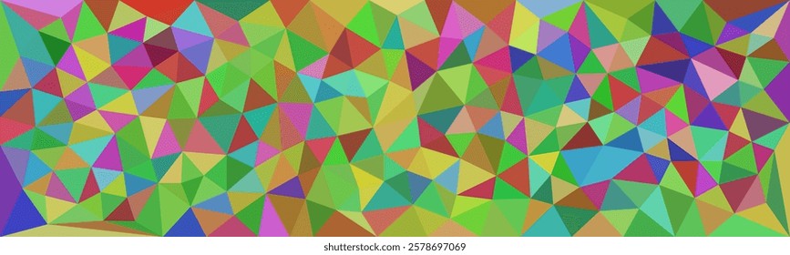 a vibrant, multicolored abstract background. The design features a pattern of connected triangles, creating a geometric, mosaic-like effect with a spectrum of colors.