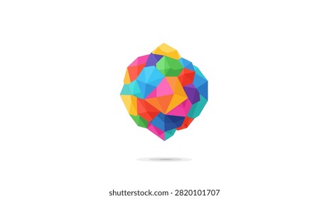 A vibrant, multi-colored abstract sphere composed of low-poly geometric facets. The object features a spectrum of bright colors including red, blue, yellow, and green, creating a dynamic 3D effect. It is isolated on a clean white background with a subtle shadow, making it suitable for modern design projects, logos, or creative backgrounds.